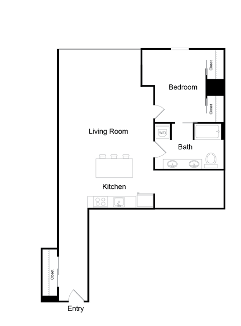 A floor plan of a house with a living room, kitchen, bathroom, and bedroom.